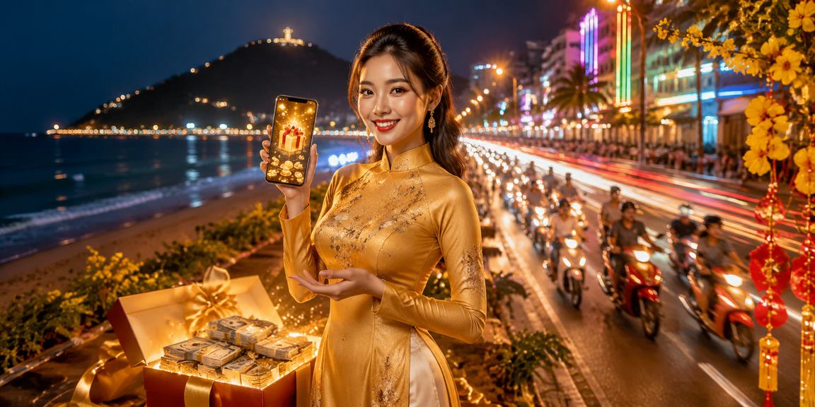 Người dùng Vũng Tàu trong áo dài kiểm tra tài khoản VIP trên điện thoại bên bờ biển